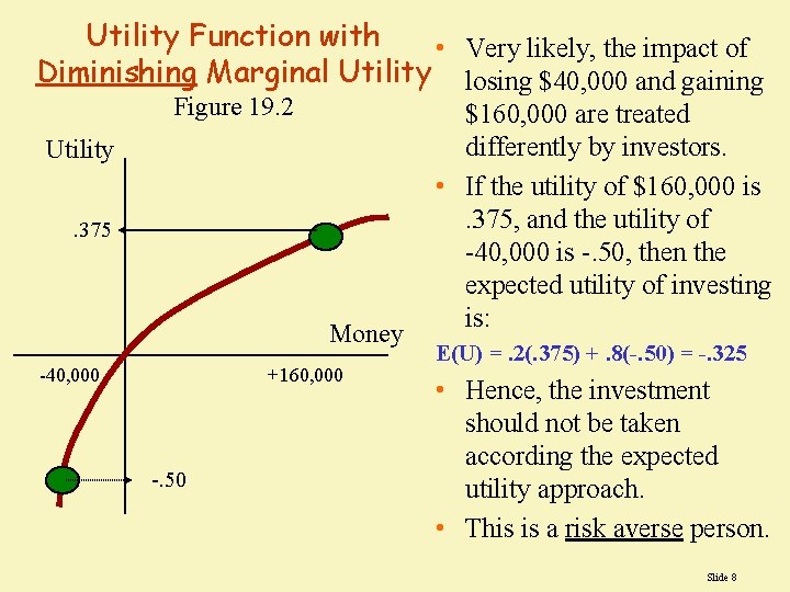 Utility Function with • Very likely, the impact of Diminishing Marginal Utility losing $40, Utility Function with • Very likely, the impact of Diminishing Marginal Utility losing $40,