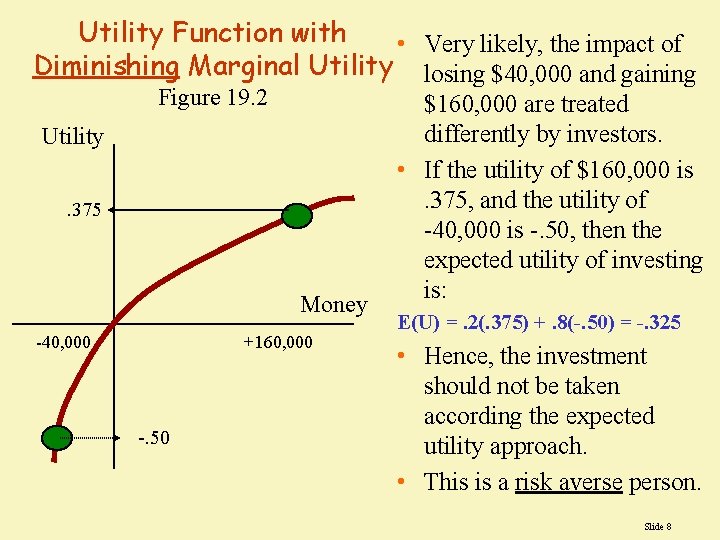 Utility Function with • Very likely, the impact of Diminishing Marginal Utility losing $40,