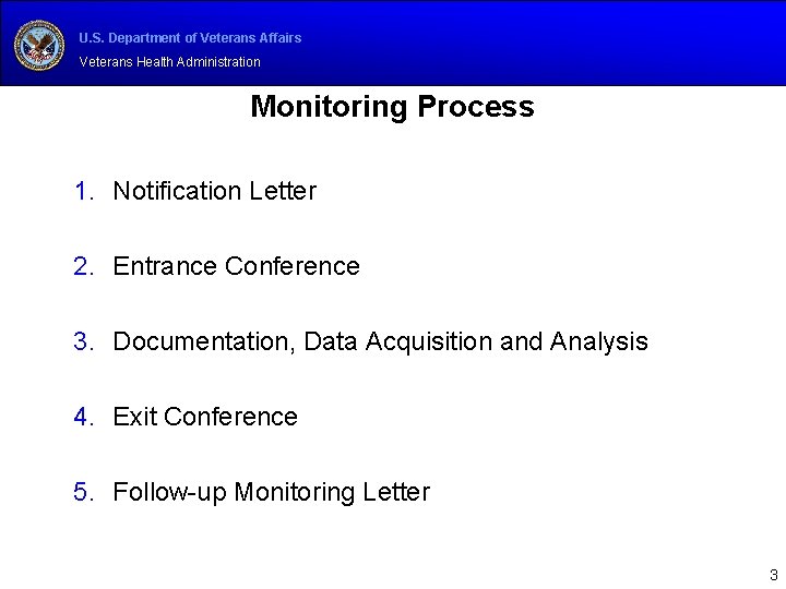 U. S. Department of Veterans Affairs Veterans Health Administration Monitoring Process 1. Notification Letter