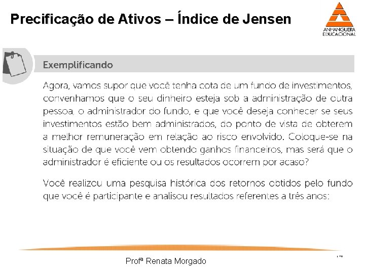 Precificação de Ativos – Índice de Jensen Profª Renata Morgado 14 