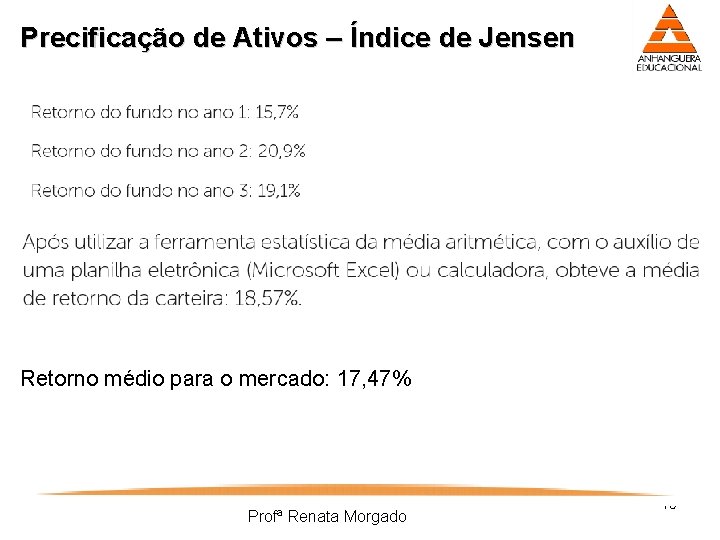 Precificação de Ativos – Índice de Jensen Retorno médio para o mercado: 17, 47%