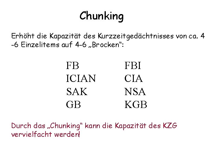 Chunking Erhöht die Kapazität des Kurzzeitgedächtnisses von ca. 4 -6 Einzelitems auf 4 -6