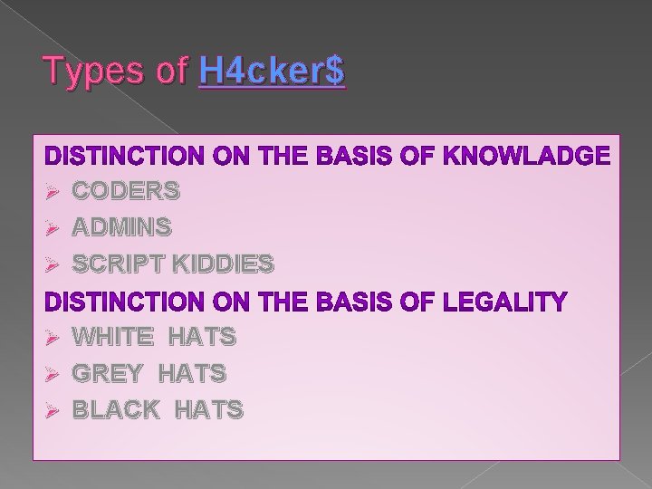 Types of H 4 cker$ CODERS Ø ADMINS Ø SCRIPT KIDDIES Ø WHITE HATS