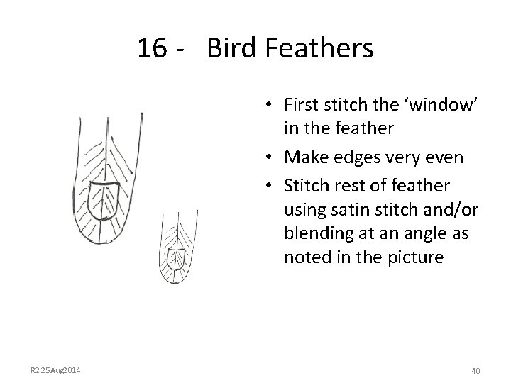 16 - Bird Feathers • First stitch the ‘window’ in the feather • Make