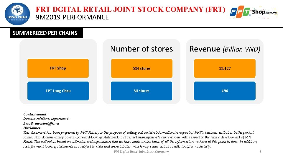 FRT DGITAL RETAIL JOINT STOCK COMPANY (FRT) 9 M 2019 PERFORMANCE SUMMERIZED PER CHAINS