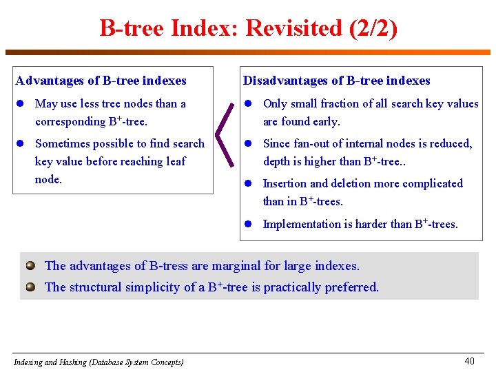 B-tree Index: Revisited (2/2) Advantages of B-tree indexes Disadvantages of B-tree indexes l May