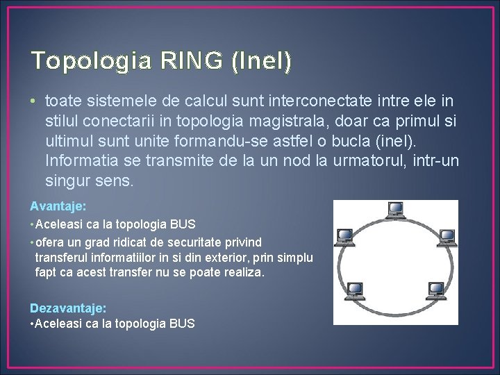 Topologia RING (Inel) • toate sistemele de calcul sunt interconectate intre ele in stilul