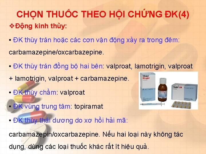 CHỌN THUỐC THEO HỘI CHỨNG ĐK(4) vĐộng kinh thùy: • ĐK thùy trán hoặc