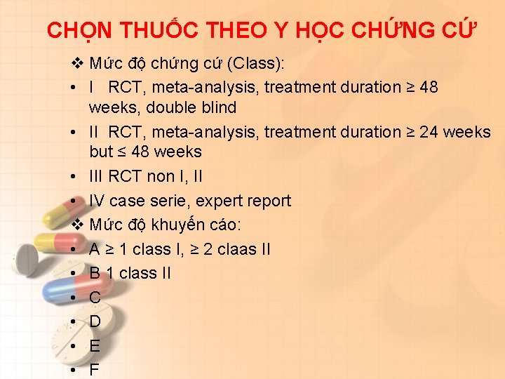 CHỌN THUỐC THEO Y HỌC CHỨNG CỨ v Mức độ chứng cứ (Class): •