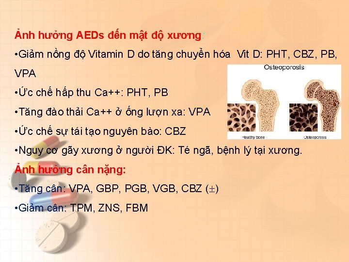 Ảnh hưởng AEDs đến mật độ xương: • Giảm nồng độ Vitamin D do