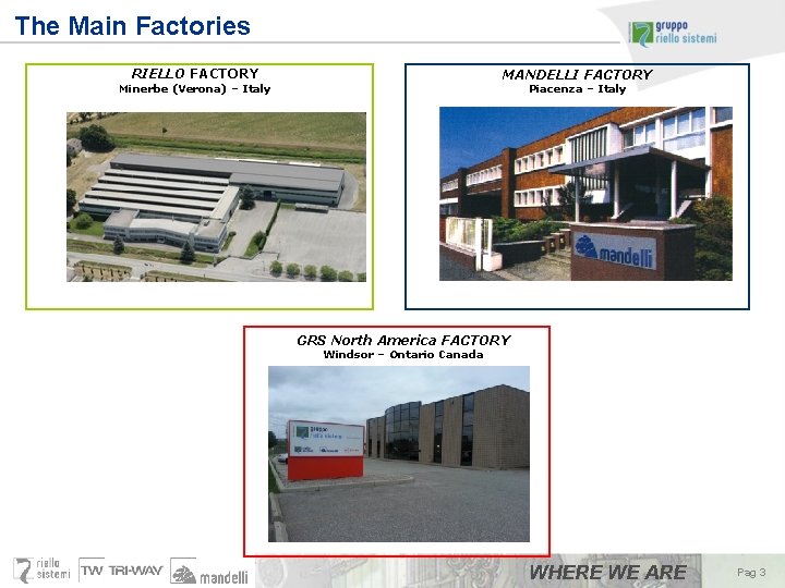 The Main Factories RIELLO FACTORY MANDELLI FACTORY Minerbe (Verona) – Italy → Overall area: