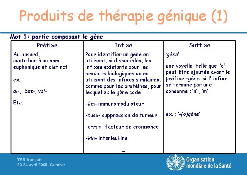 Produits de thérapie génique (1) Mot 1: partie composant le gène Préfixe Au hasard,