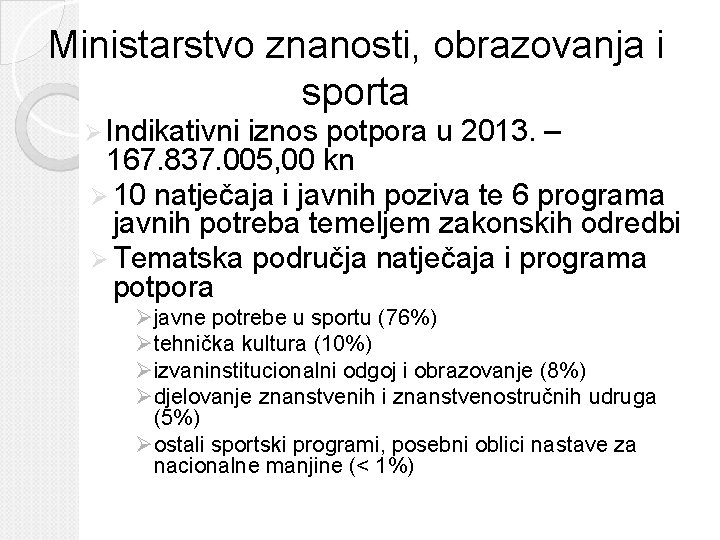 Ministarstvo znanosti, obrazovanja i sporta Ø Indikativni iznos potpora u 2013. – 167. 837.