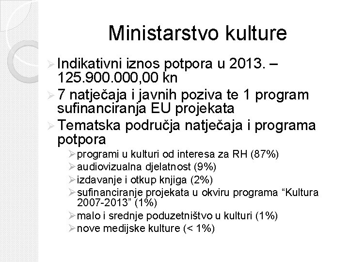 Ministarstvo kulture Ø Indikativni iznos potpora u 2013. – 125. 900. 000, 00 kn
