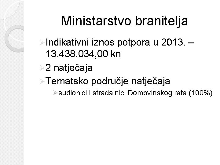 Ministarstvo branitelja Ø Indikativni iznos potpora u 2013. – 13. 438. 034, 00 kn Ministarstvo branitelja Ø Indikativni iznos potpora u 2013. – 13. 438. 034, 00 kn