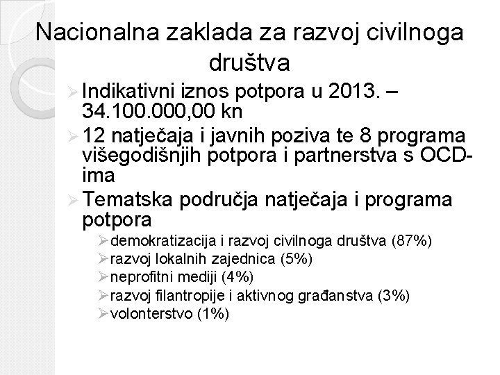 Nacionalna zaklada za razvoj civilnoga društva Ø Indikativni iznos potpora u 2013. – 34.