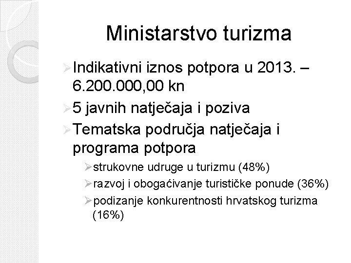 Ministarstvo turizma Ø Indikativni iznos potpora u 2013. – 6. 200. 000, 00 kn Ministarstvo turizma Ø Indikativni iznos potpora u 2013. – 6. 200. 000, 00 kn