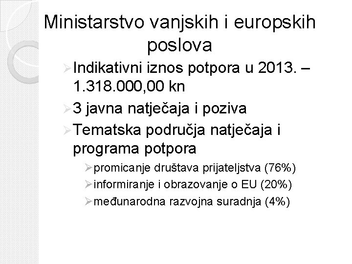 Ministarstvo vanjskih i europskih poslova Ø Indikativni iznos potpora u 2013. – 1. 318. Ministarstvo vanjskih i europskih poslova Ø Indikativni iznos potpora u 2013. – 1. 318.
