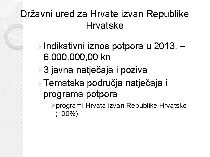 Državni ured za Hrvate izvan Republike Hrvatske Ø Indikativni iznos potpora u 2013. –