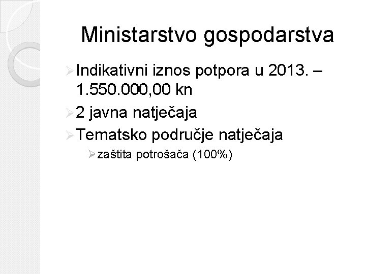 Ministarstvo gospodarstva Ø Indikativni iznos potpora u 2013. – 1. 550. 000, 00 kn