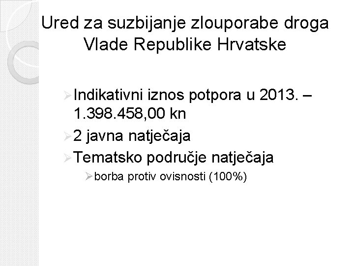 Ured za suzbijanje zlouporabe droga Vlade Republike Hrvatske Ø Indikativni iznos potpora u 2013.