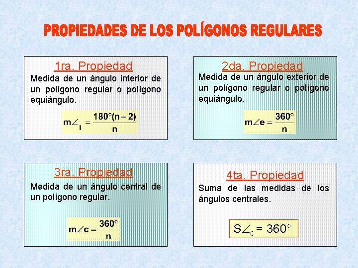 1 ra. Propiedad Medida de un ángulo interior de un polígono regular o polígono