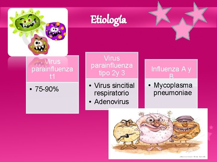 Etiología Virus parainfluenza t 1 • 75 -90% Virus parainfluenza tipo 2 y 3