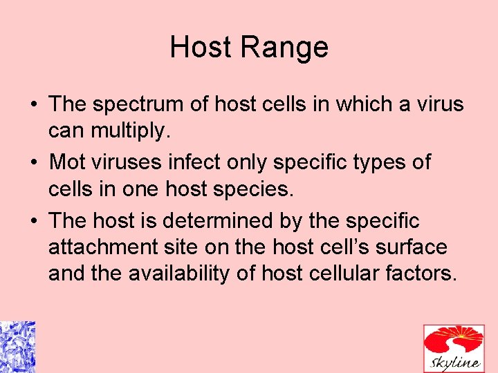 Host Range • The spectrum of host cells in which a virus can multiply.