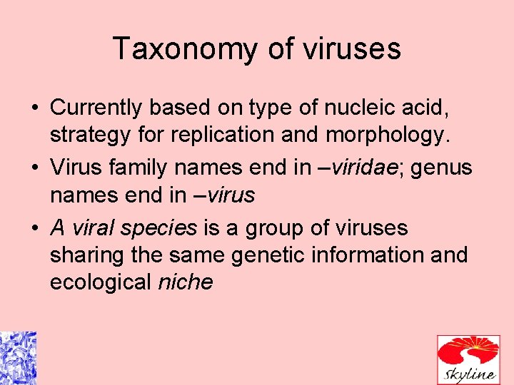 Taxonomy of viruses • Currently based on type of nucleic acid, strategy for replication