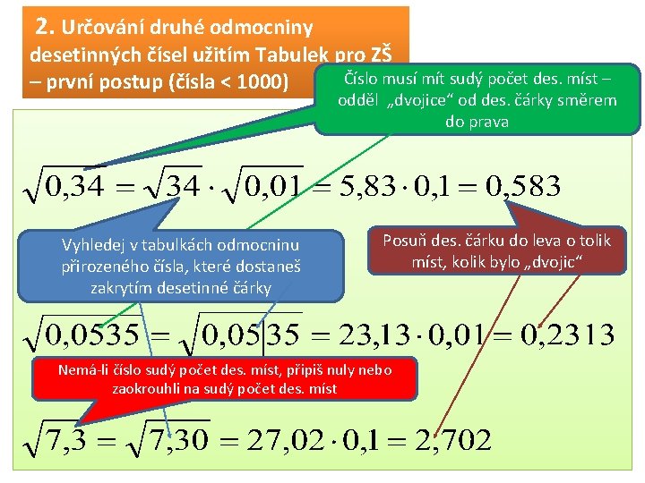 2. Určování druhé odmocniny desetinných čísel užitím Tabulek pro ZŠ Číslo musí mít sudý