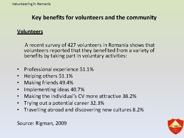 Volunteering in Romania Key benefits for volunteers and the community Volunteers A recent survey