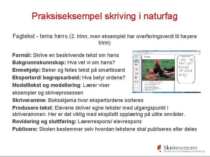 Praksiseksempel skriving i naturfag Fagtekst - tema høns (2. trinn, men eksemplet har overføringsverdi