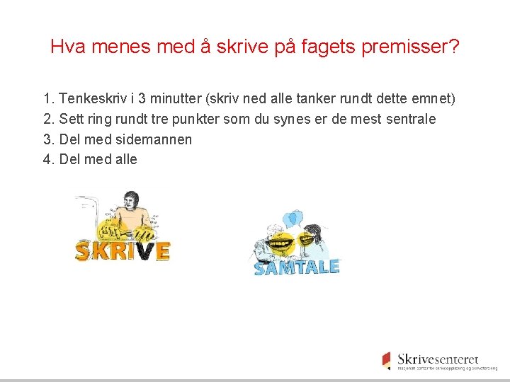 Hva menes med å skrive på fagets premisser? 1. Tenkeskriv i 3 minutter (skriv