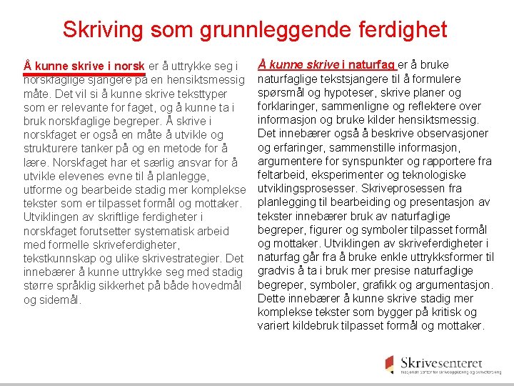 Skriving som grunnleggende ferdighet Å kunne skrive i norsk er å uttrykke seg i