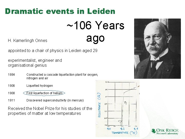 Dramatic events in Leiden H. Kamerlingh Onnes ~106 Years ago appointed to a chair