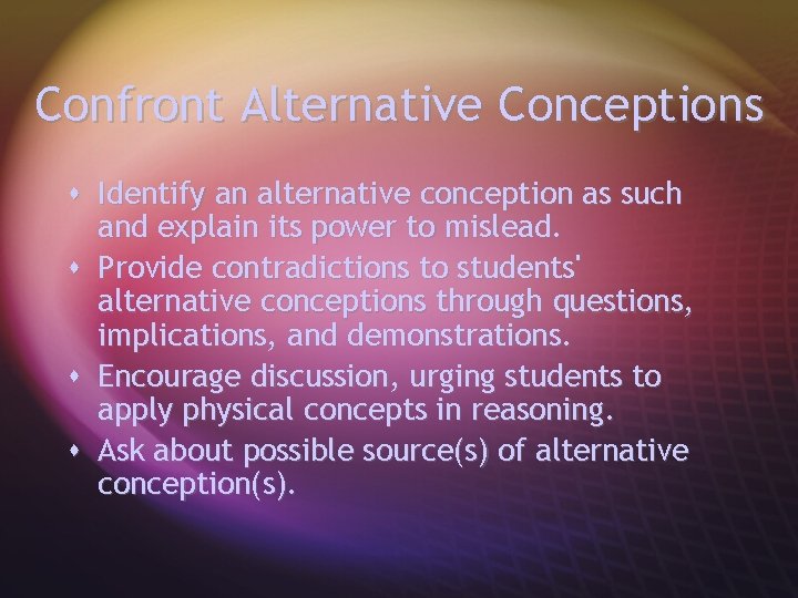 Confront Alternative Conceptions s Identify an alternative conception as such and explain its power