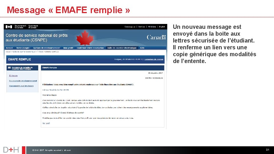 Message « EMAFE remplie » Un nouveau message est envoyé dans la boîte aux