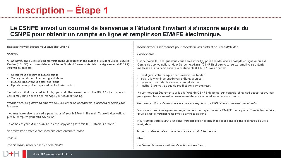 Inscription – Étape 1 Le CSNPE envoit un courriel de bienvenue à l’étudiant l’invitant