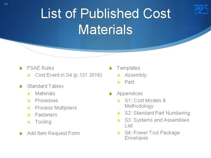 11 List of Published Cost Materials S FSAE Rules S Cost Event in S