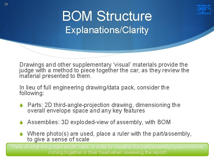 20 BOM Structure Explanations/Clarity Drawings and other supplementary ‘visual’ materials provide the judge with