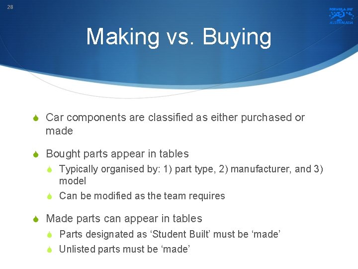 28 Making vs. Buying S Car components are classified as either purchased or made