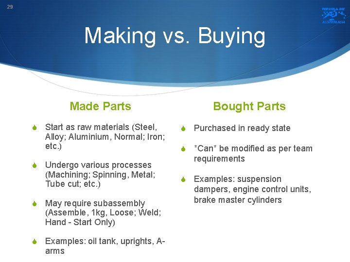 29 Making vs. Buying Made Parts S Start as raw materials (Steel, Alloy; Aluminium,
