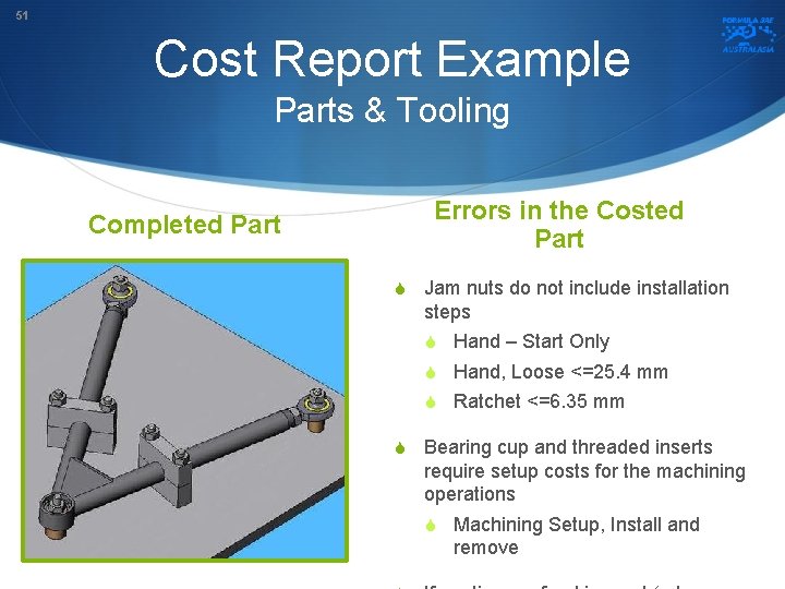 51 Cost Report Example Parts & Tooling Completed Part Errors in the Costed Part