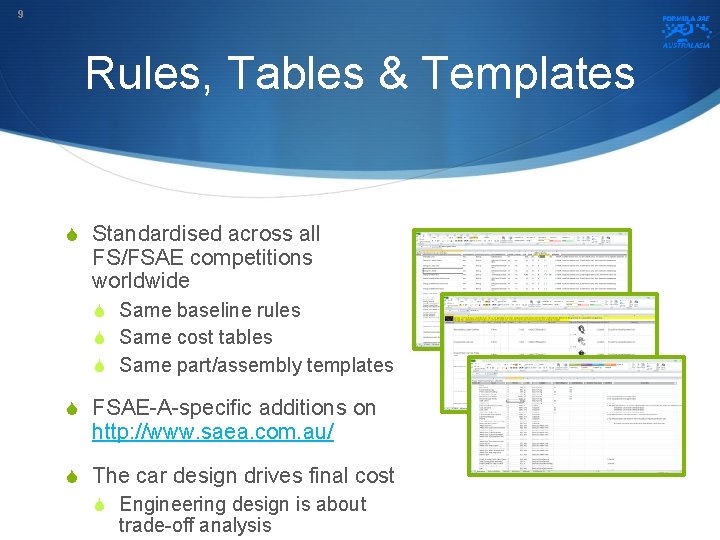 9 Rules, Tables & Templates S Standardised across all FS/FSAE competitions worldwide S Same