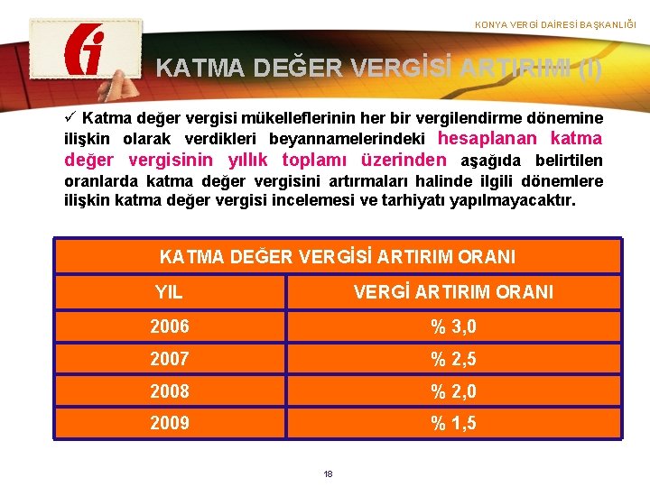 KONYA VERGİ DAİRESİ BAŞKANLIĞI KATMA DEĞER VERGİSİ ARTIRIMI (I) ü Katma değer vergisi mükelleflerinin