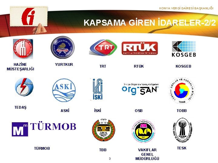 KONYA VERGİ DAİRESİ BAŞKANLIĞI KAPSAMA GİREN İDARELER-2/2 HAZİNE MÜSTEŞARLIĞI TEDAŞ YURTKUR ASKİ TÜRMOB TRT