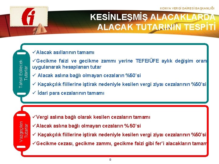 KONYA VERGİ DAİRESİ BAŞKANLIĞI KESİNLEŞMİŞ ALACAKLARDA ALACAK TUTARININ TESPİTİ Tahsil Edilecek Tutarlar üAlacak asıllarının