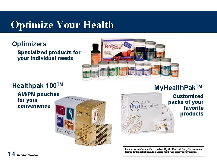 Optimize Your Health Optimizers Specialized products for your individual needs Healthpak 100 TM AM/PM Optimize Your Health Optimizers Specialized products for your individual needs Healthpak 100 TM AM/PM