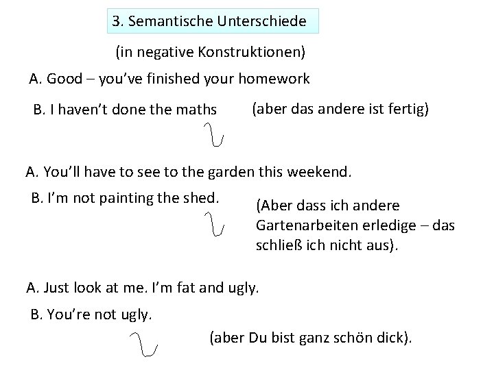 3. Semantische Unterschiede (in negative Konstruktionen) A. Good – you’ve finished your homework B.