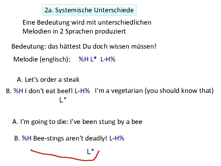 2 a. Systemische Unterschiede Eine Bedeutung wird mit unterschiedlichen Melodien in 2 Sprachen produziert